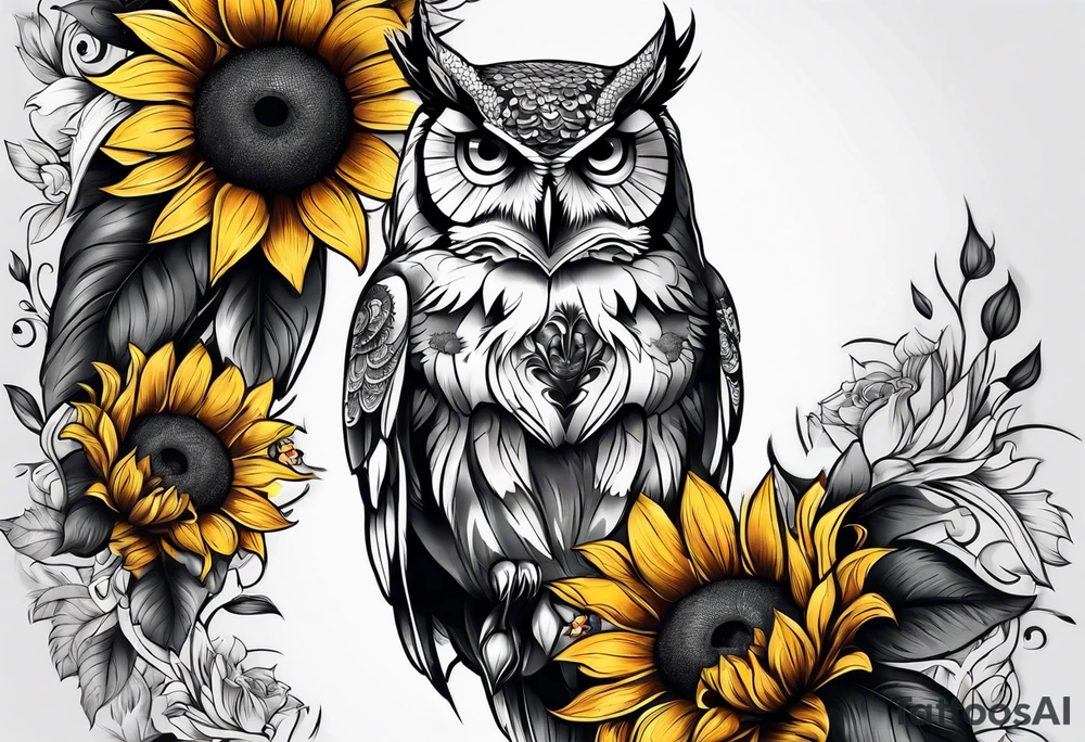 Owl with sunflowers leg sleeve tattoo idea