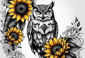 Owl with sunflowers leg sleeve tattoo idea