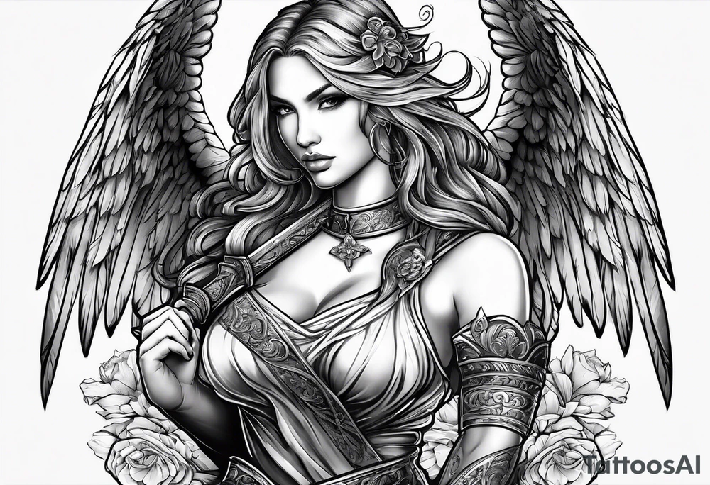 Female angel with sword and beauty dominance tattoo idea