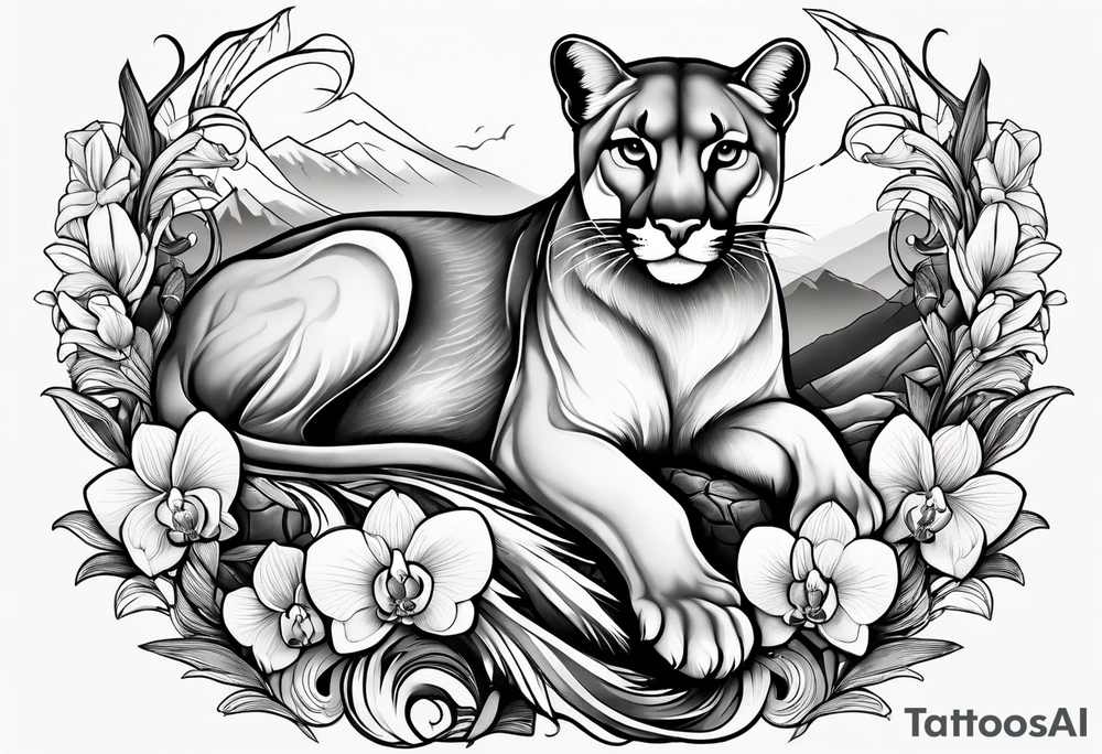 Mother mountain lion with an otter and flicker bird, mountains, orchids, and butterflies tattoo idea