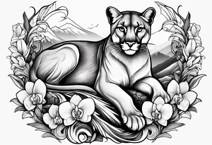 Mother mountain lion with an otter and flicker bird, mountains, orchids, and butterflies tattoo idea