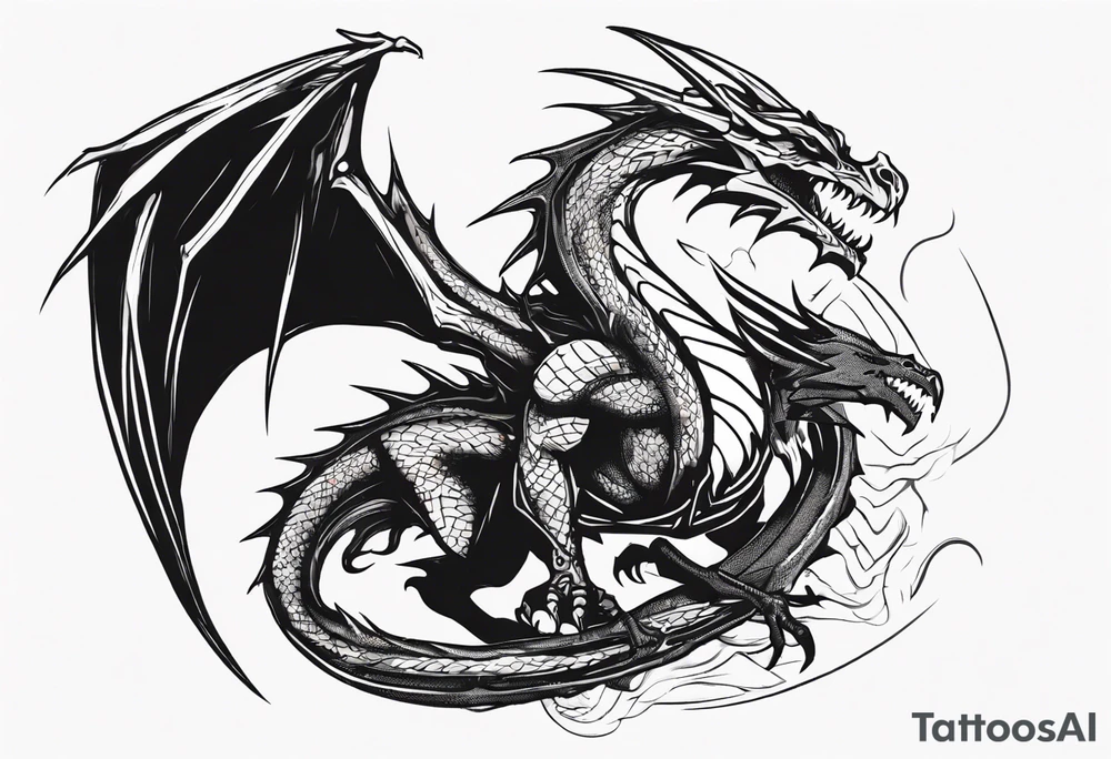 a simple wyvern with a dragon rider human in dragon armor tattoo idea