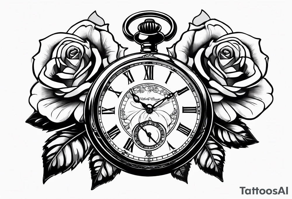 Pocket watch with chain and roses tattoo idea