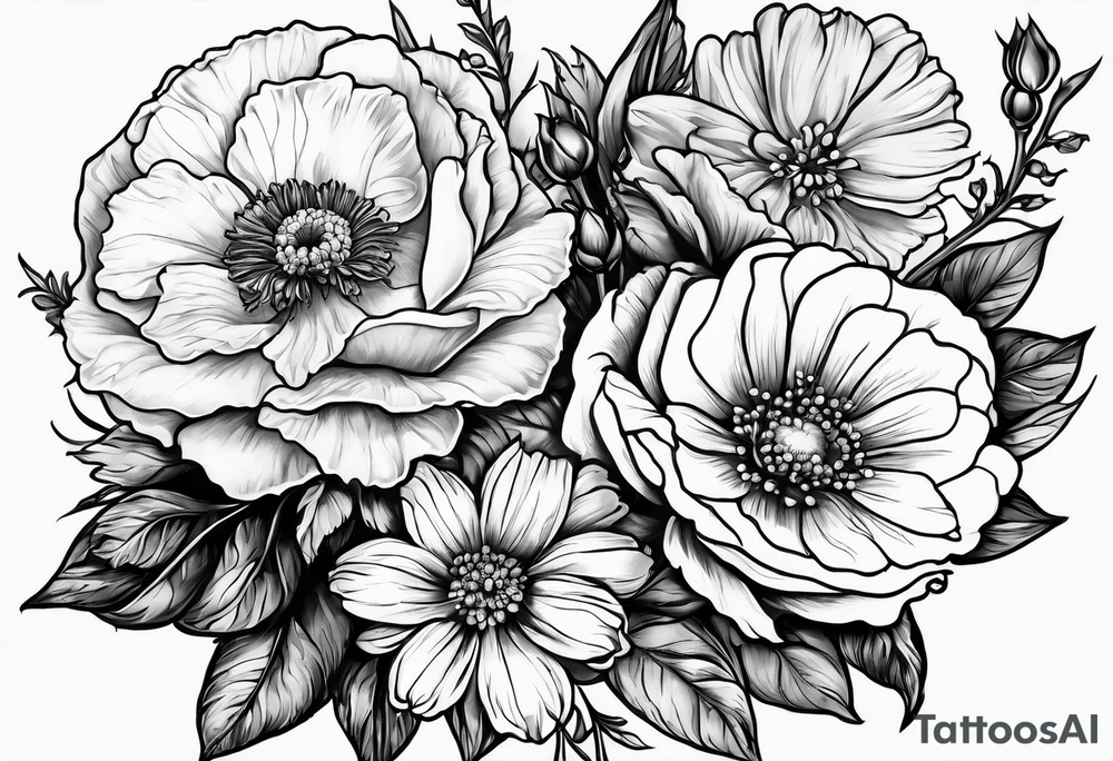 roses, carnations, daisies, larkspur, olive stem tattoo idea