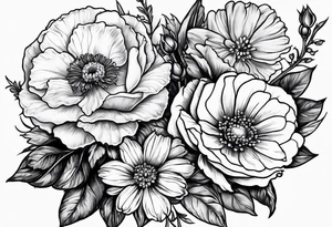 roses, carnations, daisies, larkspur, olive stem tattoo idea