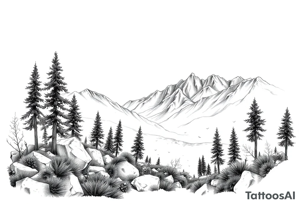 Create a scenic nature scene with lots of details tattoo idea