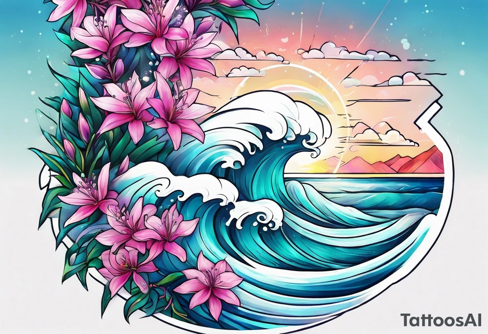 ocean wave with lupin flower and fireweed tattoo idea