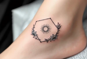 Small Feminine simple Dotted Line hexagon with Leo astrological symbol surrounded by larkspurs and water lilies tattoo idea