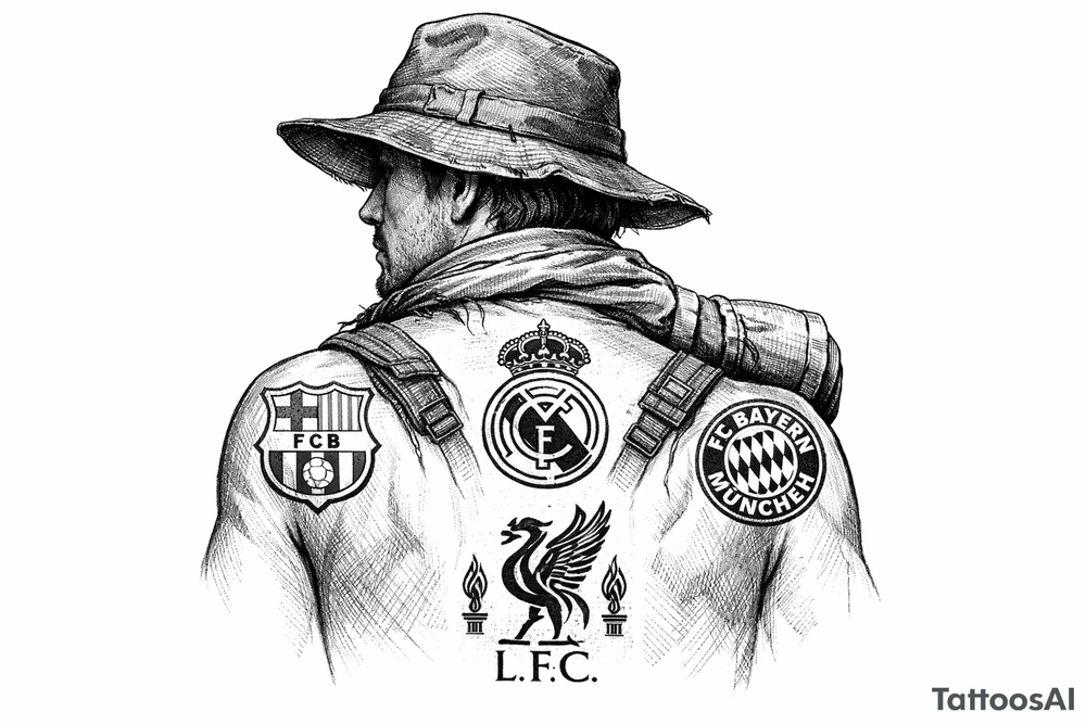 Surreal traveler portrait, club crests marking the cardinal directions on their skin. tattoo idea