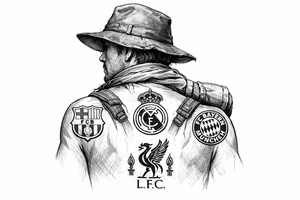 Surreal traveler portrait, club crests marking the cardinal directions on their skin. tattoo idea