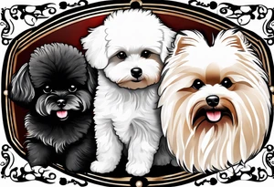 A white Bichon frise with a black pomeranian and a black poodle with the words “MFer 4 Life” tattoo idea