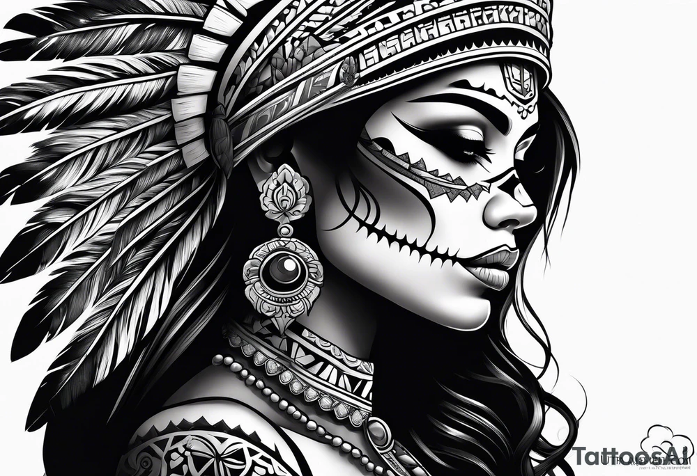 Aztec princess side profile day of the dead tattoo idea