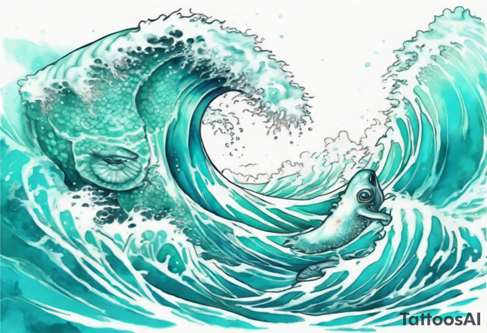 a beautiful turquoise kappa emerging from an ocean wave, crashing onto the shore tattoo idea