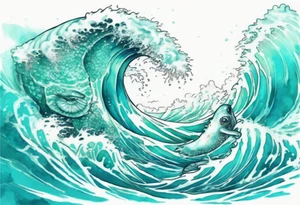 a beautiful turquoise kappa emerging from an ocean wave, crashing onto the shore tattoo idea