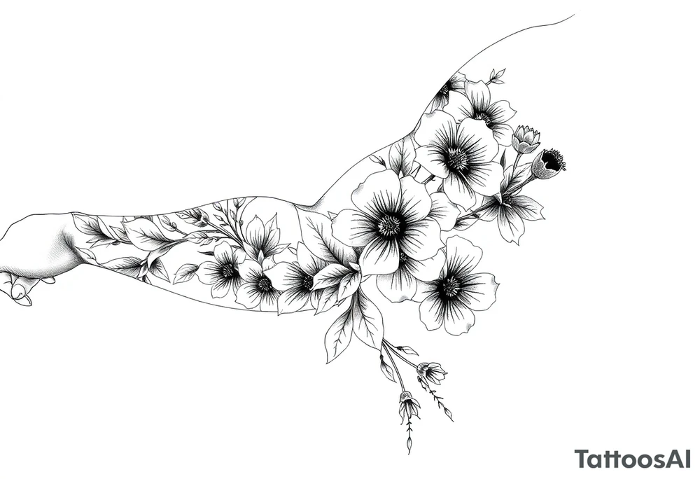 Full sleeve tattoo design of larkspur and hawthorn flowers, highly detailed line art, RED ink, elegant botanical style, intertwined composition, no shading, no human mock-up, clean stencil style suitable for tattooing, fit fully within boundaries. LINE ART ONLY, REMOVE HUMAN, NO SKIN, NO ARM, NO HUMAN BODY PARTS tattoo idea