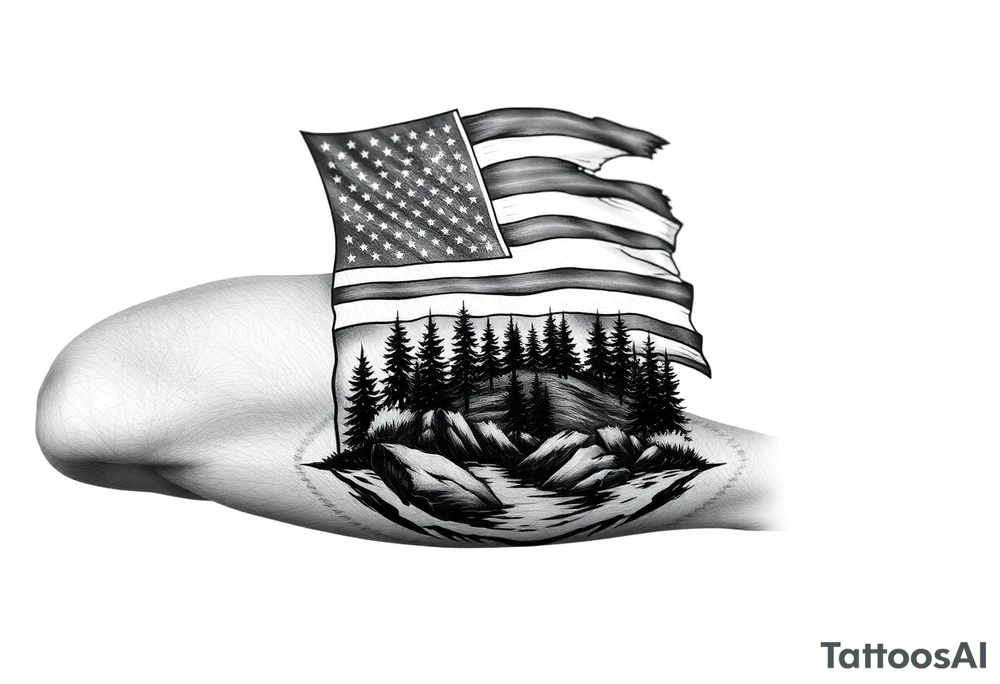 American flag with forest and water below tattoo idea