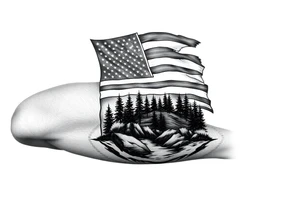 American flag with forest and water below tattoo idea