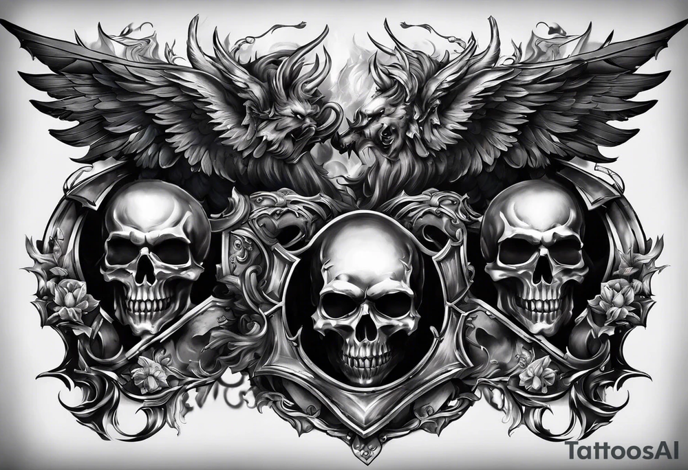 Good vs evil chest piece. On the left side it would be two devils, and on the right there would be two angels. Both sides are in battle, one of the angels has a gun aimed at the devil, while the other angel has a face mask. tattoo idea