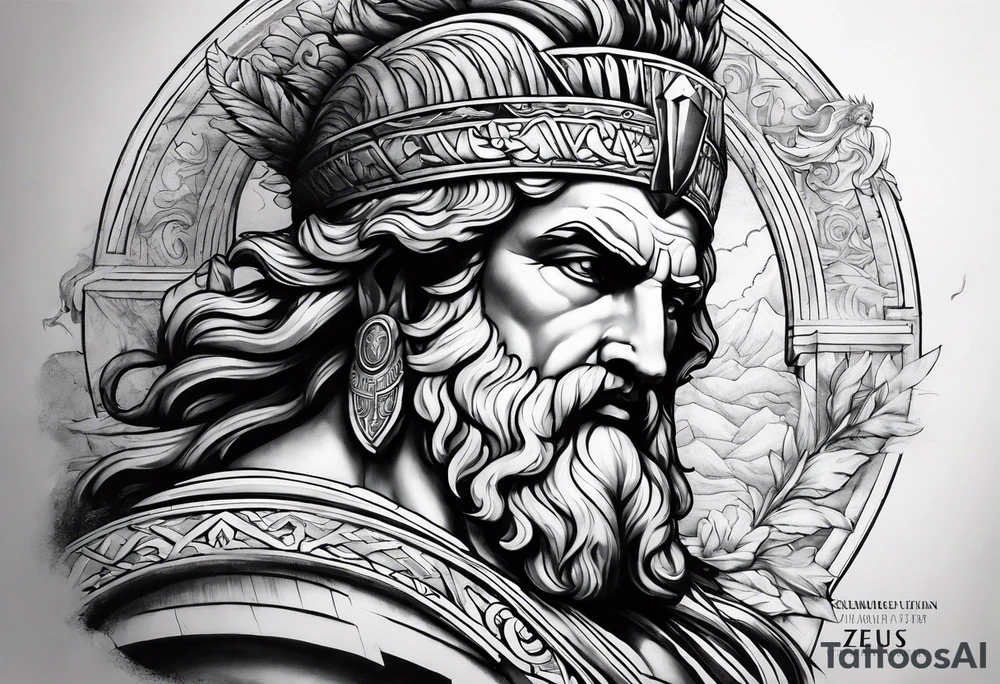 Half sleeve on the right arm with zeus and some text that goes along with it and you can add some Sparta maybe or some building temple of zeus tattoo idea