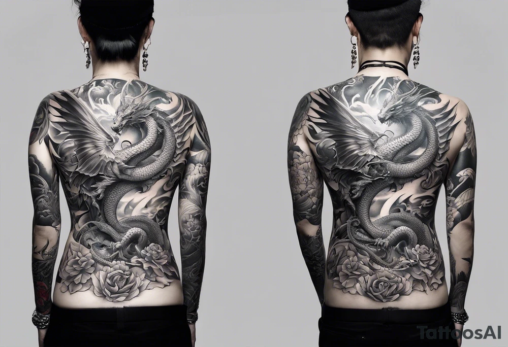 back tattoo of warrior nymph with dragon tattoo idea