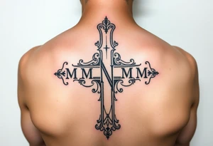 Church cross designed with the following initals: M, N, M, M, M, M. Being the N in the middle tattoo idea