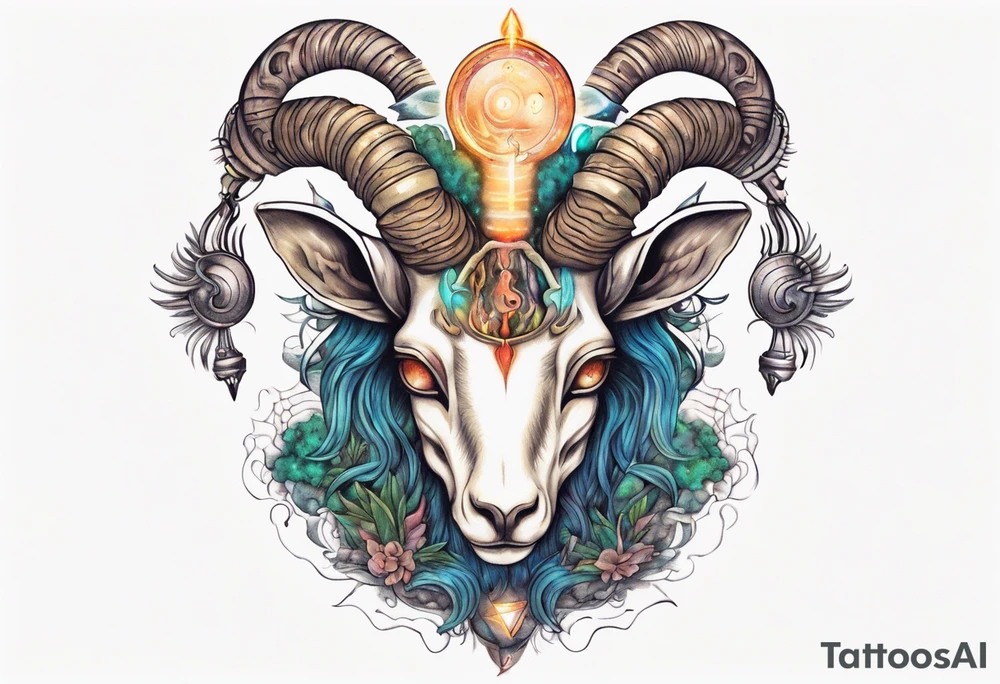 A Capricorn with glowing pineal gland tattoo idea