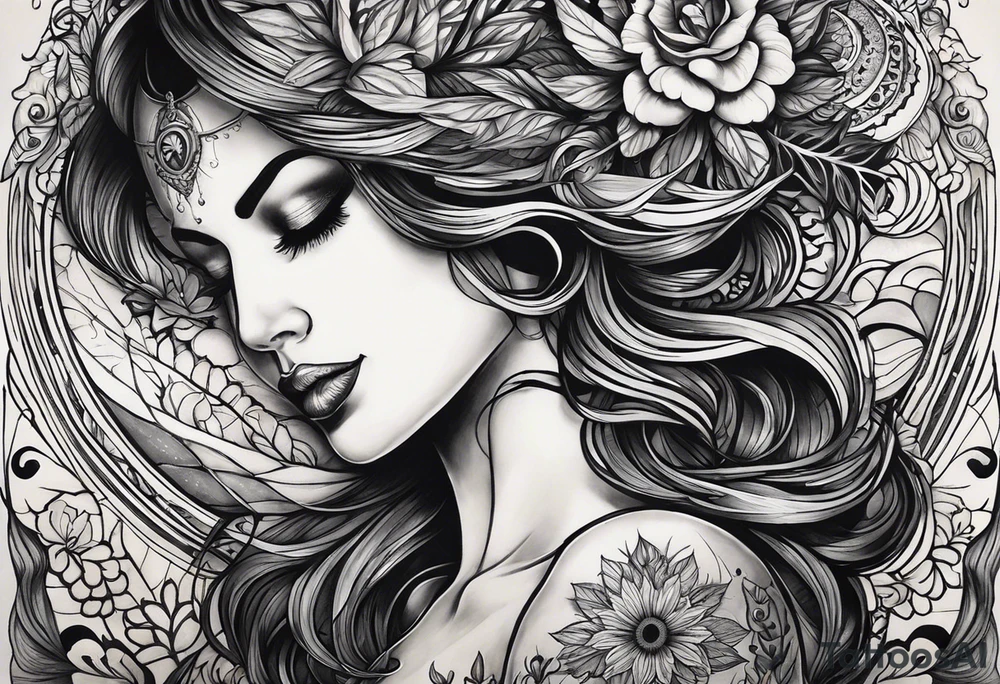 Mächtige meijestätisch Hanf Pflanze, mega sexy brünette Frau mit großen Titten, raucht Joint bei Vollmond tattoo idea