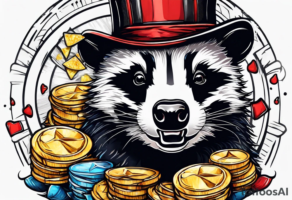 Angry badger with mouth open holding chips tattoo idea