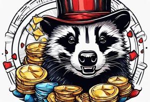 Angry badger with mouth open holding chips tattoo idea