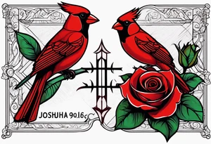 Bible verse Joshua 1:9 and John 3:16 written out with a red cardinal and red rose left arm sleeve tattoo idea