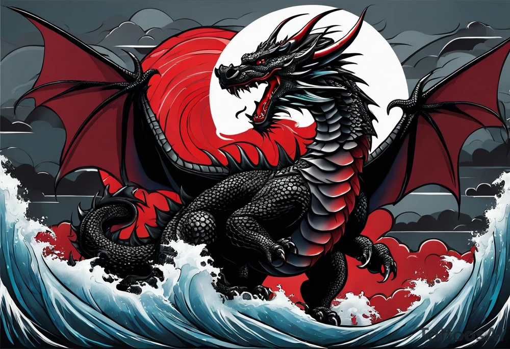 full black dragon with a long tail. Storm in the background. Pops of red. Holding a gem. tattoo idea
