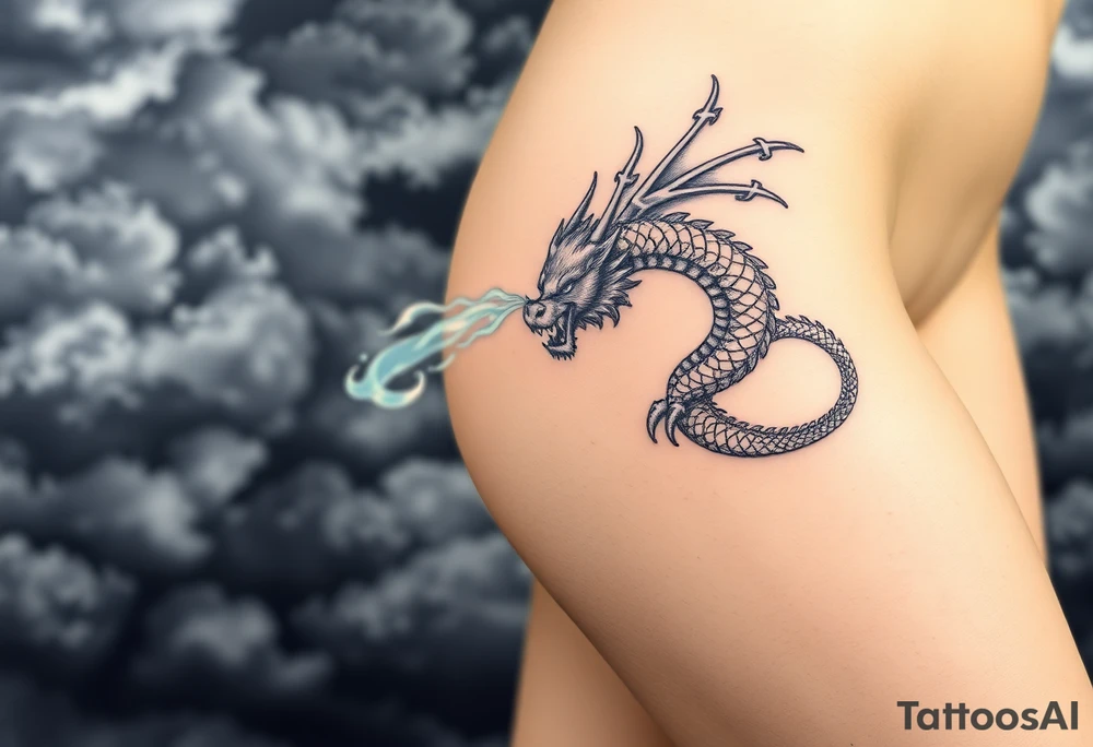 fierce dragon breathing iridescent fire against stormy skies tattoo idea