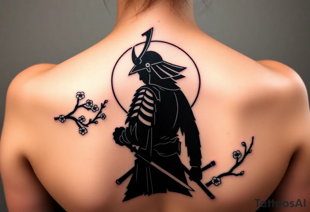 noble samurai warrior silhouette at sunset with cherry blossoms tattoo idea