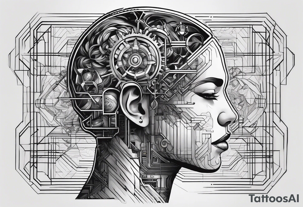 a modular mechanical design where the brain would be in a diagram of the dissected human head connected or reflected by an abstract lines based image of a ship on fire tattoo idea