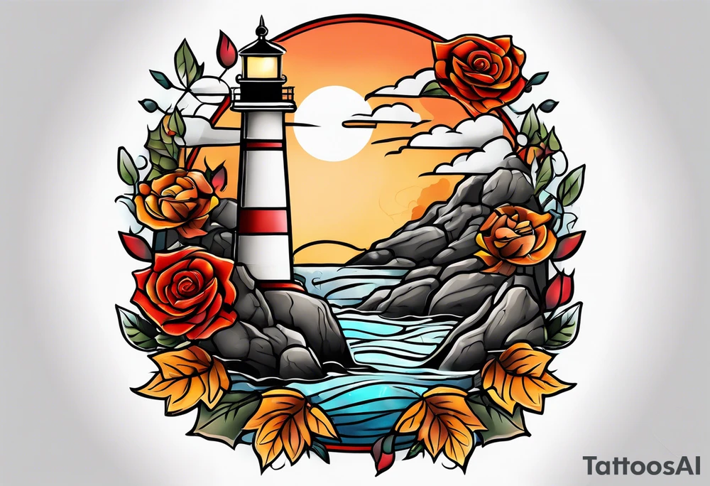 thigh tattoo in fall colors, showing lighthouse, water flow around rocks, sky, clouds, leaves, roses and no trees tattoo idea