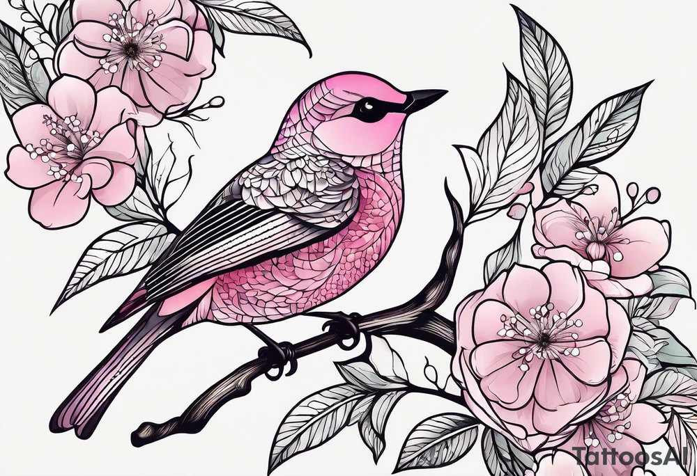 Small Pink flowers with decorative dott pattern and a bird tattoo idea