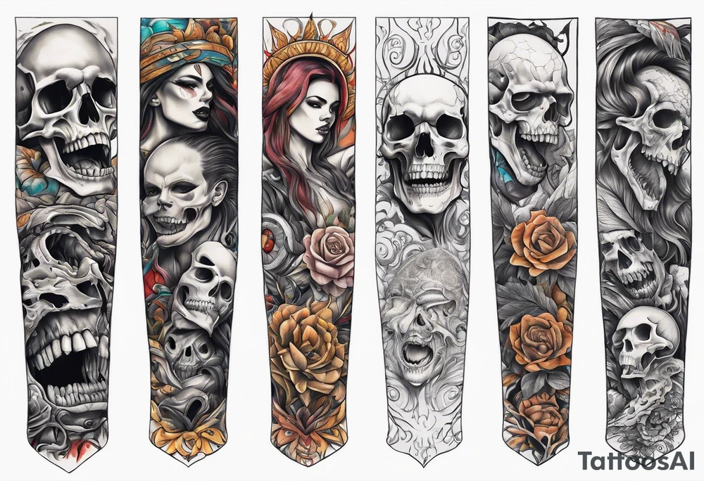 arm sleeve indicating pain, consisting og bones and screaming faces tattoo idea