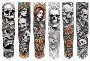 arm sleeve indicating pain, consisting og bones and screaming faces tattoo idea