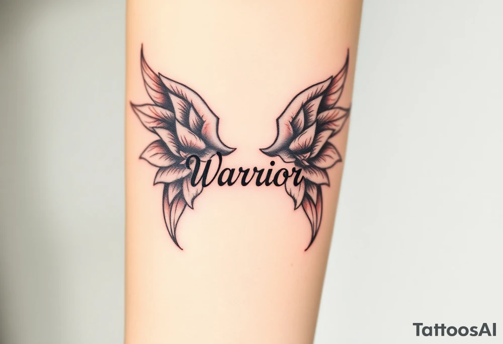 lotus flowers beautiful bold angel wings with word "Warrior" tattoo idea