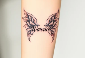 lotus flowers beautiful bold angel wings with word "Warrior" tattoo idea