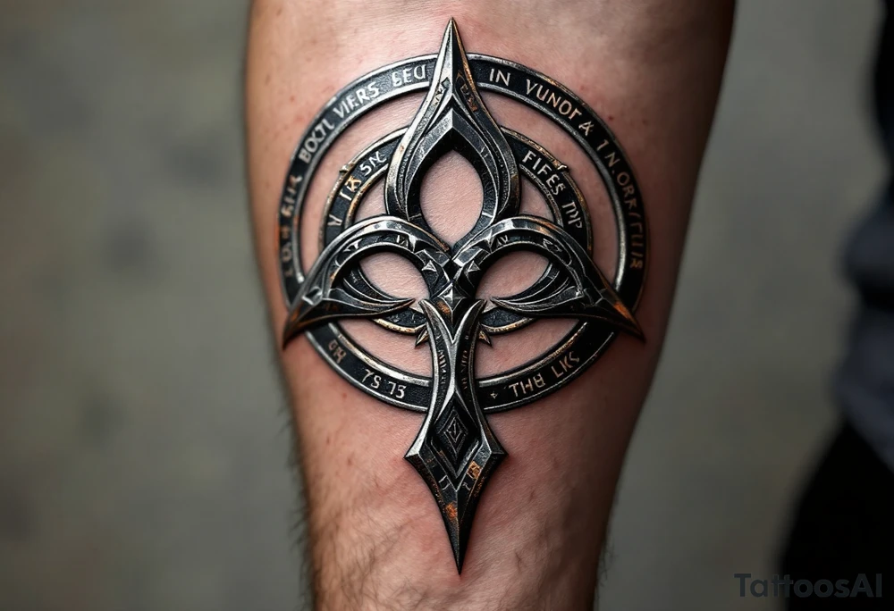 A heavy, Viking-style triskelion with a weathered iron or bronze texture, detailed with runes and Norse knotwork. Dark silver, deep copper, and black shading create a rugged, ancient look, symbolizing strength, resilience, and fate. tattoo idea