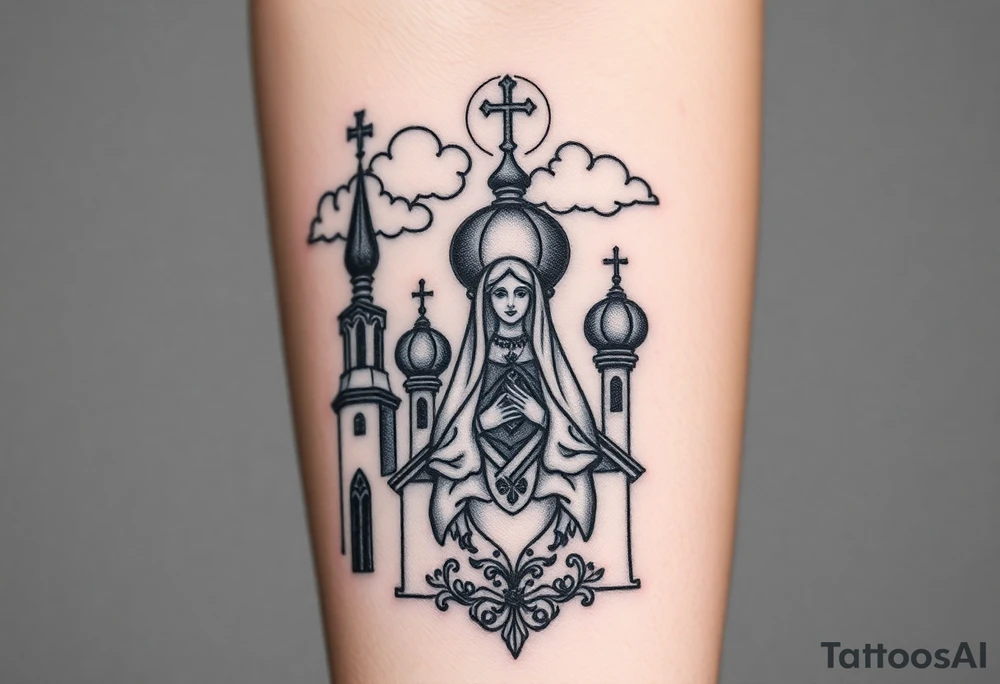 Russian Orthodox church with orthodox spire crosses, with clouds above it and a virgin mary seperately looking over hands on heart sat above tattoo idea