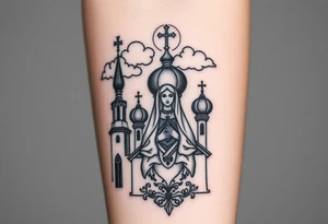 Russian Orthodox church with orthodox spire crosses, with clouds above it and a virgin mary seperately looking over hands on heart sat above tattoo idea