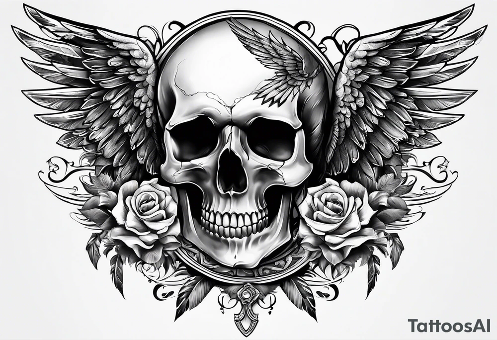 chest skull and wings tattoo idea