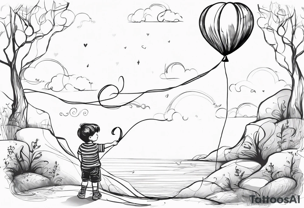 tatoo in sketch style only.
A little boy is holding a string to the hearth shaped small party baloon.
boy should be drawed from behind and has one hand reaching up in 45 degree angle and holding the baloon string
On the string is a wave which look like a hearbeat pulse.
draw it without any scenery, without any background. Just a boy 
Add heartbeat pulse on the string tattoo idea