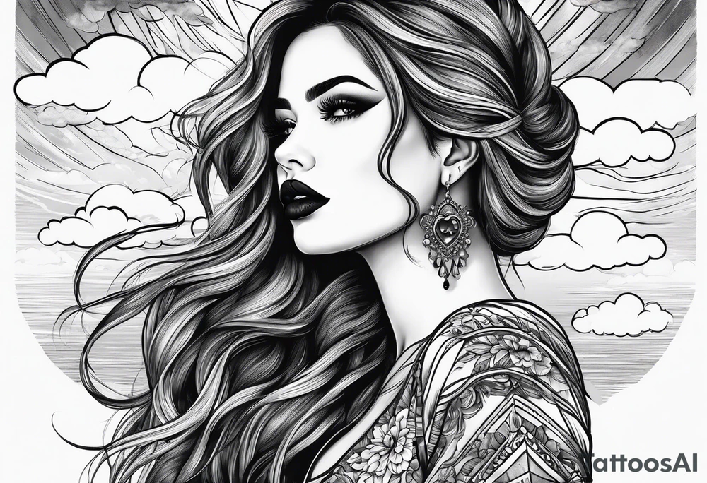 Woman shooshing hand long hair dark lips sky clouds tattoo idea