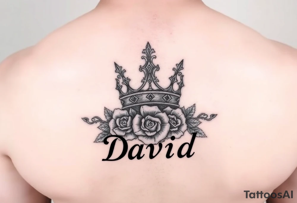 Medium size Kings crown above the name David and roses tattoo idea tattoo idea