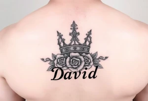 Medium size Kings crown above the name David and roses tattoo idea tattoo idea