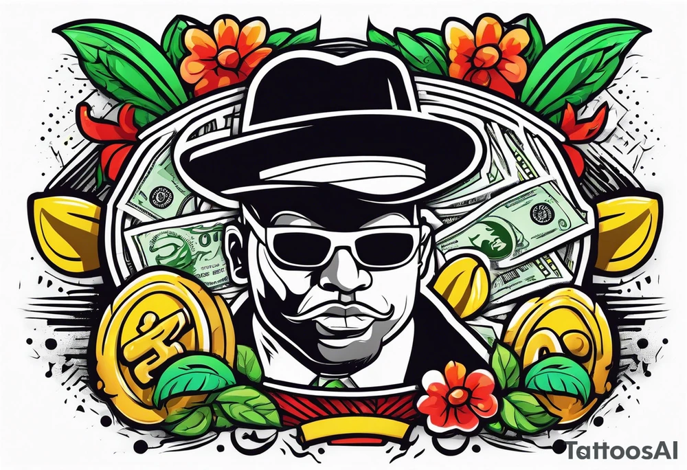 Gangster style design embracing money and fast life tattoo idea