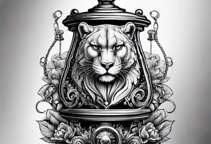 Brain and angry cougar inside hourglass tattoo idea